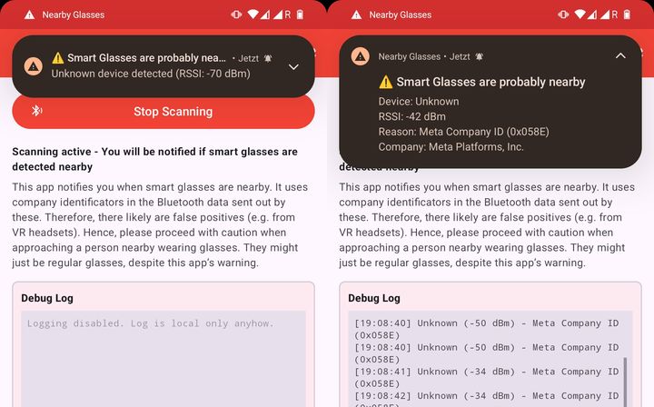 [서울=뉴시스] 주변 스마트 글래스 감지 앱 ‘니어바이 글래시스(Nearby Glasses)’가 스마트 글래스 추정 기기를 감지해 알림을 띄운 모습. (사진=구글플레이에서 배포중인 니어바이 글래시스 화면 캡처) *재