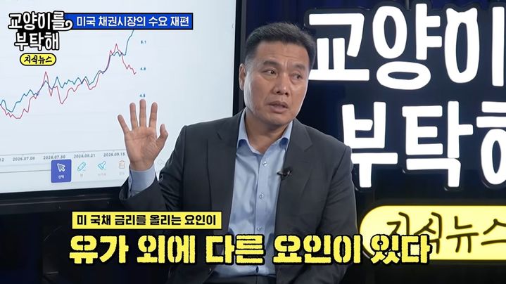 [서울=뉴시스] 이선엽 AFW파트너스 대표가 유튜브 채널 '교양이를 부탁해'에서 미국 국채금리 상승과 증시 전망에 대해 설명하고 있다.이 대표는 5%대 국채금리 자체보다 높은 금리를 견디지 못하는 기업이나 차입자에
