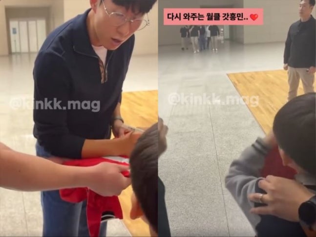 [서울=뉴시스] 축구선수 손흥민이 사인을 받지 못해 울음을 터뜨린 어린 팬에게 다가가 직접 사인을 해주고 있다. (사진=스레드(@kinkk.mag) 캡처)
