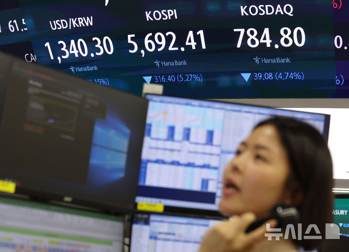[서울=뉴시스] 권창회 기자 = 15일 오전 서울 중구 하나은행 딜링룸에서 딜러들이 업무를 보고 있다. 코스피가 전 거래일 대비 335.8포인트(5.59%) 내린 5673.01에 출발했다. 원달러 환율은 1341원으