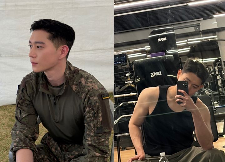 軍服姿のキム・ヨンデと、黒いノースリーブ姿でジムの鏡越しに自撮りするキム・ヨンデを左右に並べた写真