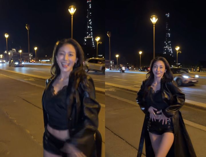パリのエッフェル塔を背景に、黒のレザーコーデと赤いヒールで踊るTWICEジヒョ