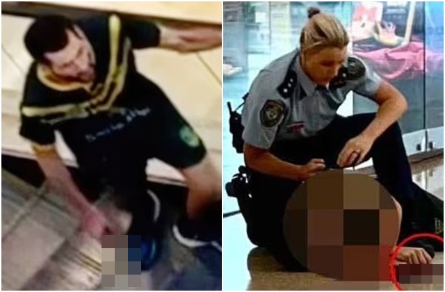 13일(현지시간) 호주 시드니의 한 쇼핑센터에서 흉기 난동범(왼쪽 사진)을 제압한 에이미 스콧 경위. 엑스 캡처