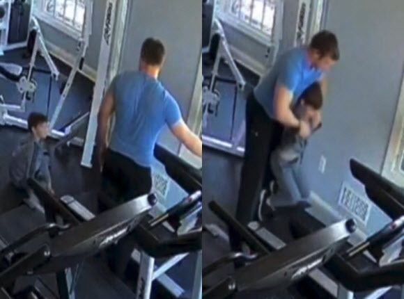 30대 아버지가 자신의 6세 아들이 뚱뚱하다는 이유로 러닝머신 위에서 뛰게 하는 모습이 담긴 체육관 CCTV 영상. 엑스 캡처