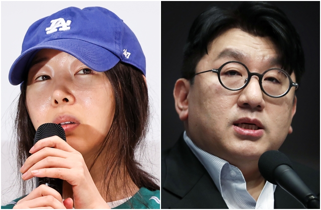 민희진 어도어 대표(왼쪽 사진)과 방시혁 하이브 이사회 의장. 연합뉴스, 뉴시스