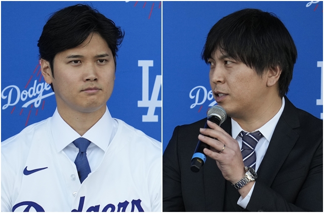 지난해 12월 14일 LA 다저스타디움에서 열린 기자회견에서 답하는 오타니 쇼헤이(왼쪽 사진)와 통역사 미즈하라 잇페이. AP뉴시스
