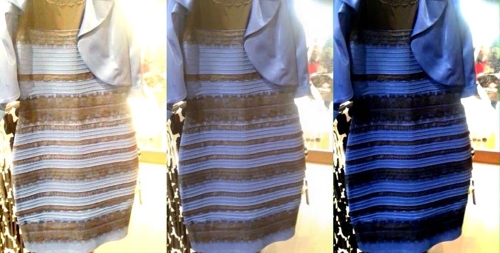 2015년 인터넷에서 화제가 됐던 '파검-흰금 드레스' 사진(가운데)과 이 사진의 화이트밸런스를 조정한 사진(왼쪽과 오른쪽). 연합뉴스