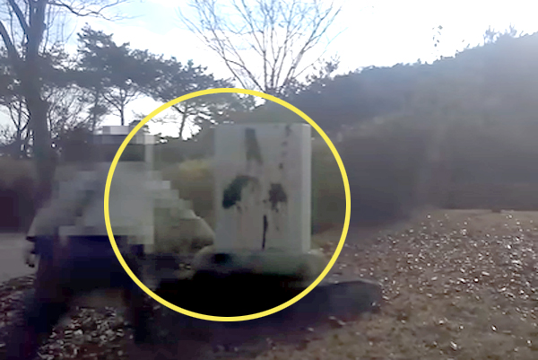한 남성이 김일성 표식비로 보이는 비석에 먹물을 여러 차례 뿌리는 모습. 유튜브 캡처