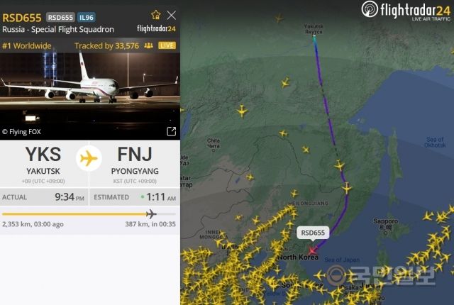 스웨덴 항공기 추적 사이트 ‘플라이트레이더24’에서 한국시간으로 19일 0시35분 현재 러시아 특수비행대 소속 RSD655편이 북한 길주군 인근 상공으로 진입하고 있다. 이 항공기는 지난 18일 오후 9시34분 러시