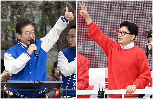 이재명 전 더불어민주당 대표가 22대 총선 공식 선거운동이 시작된 지난 3월 28일 서울 성동구 왕십리역 광장에서 후보 지원 유세를 하고 있다(왼쪽 사진). 오른쪽은 한동훈 전 국민의힘 비상대책위원장이 같은 날 서대