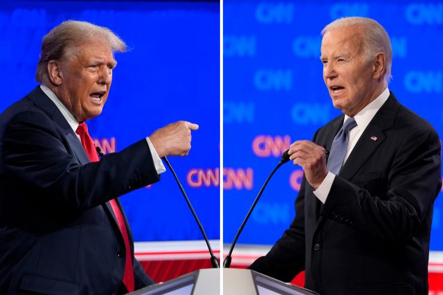 27일(현지시간) 미국 조지아주 애틀랜타 CNN 스튜디오에서 열린 미 대선 후보 첫 TV 토론에 참석한 조 바이든 대통령(오른쪽)과 도널드 트럼프 전 대통령이 격돌하고 있다. 이날 토론에서 두 후보는 경제, 낙태, 