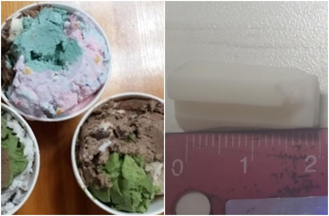 해당 프랜차이즈 업체의 아이스크림 제품. 오른쪽 사진은 아이스크림에서 나온 고무. 온라인 캡처, 연합뉴스