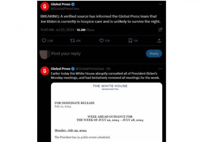 22일(현지시간) 미국 언론 매체 Global Press가 '바이든 사망' 속보 기사를 공식 엑스 계정에 올렸다. 엑스 캡처