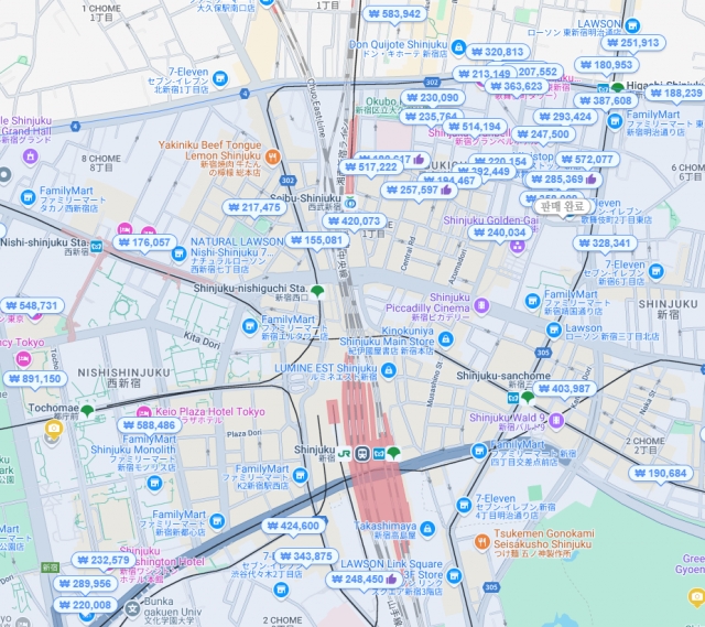 숙박 검색 플랫폼 아고다에서 한 사람이 일본 도쿄 신주쿠 지역 호텔에서 이달 21일 하룻밤 묵는 조건으로 검색한 1인 기준 1박 요금. 세금과 봉사료는 제외된 원화 금액이다. 아고다 검색 결과