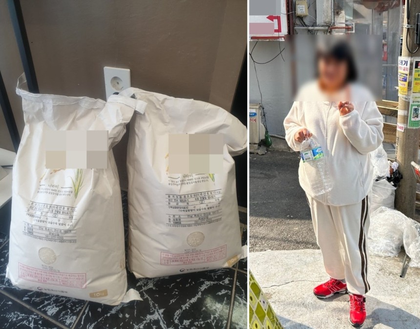 서울역 인근 쪽방촌에 홀로 사는 김수지(가명)씨가 최근 서울역 아침 무료급식소인 아침애만나에 가져온 쌀 두 포대. 오른쪽은 수지씨가 쌀 기부를 기념하며 사진 촬영에 응하는 모습. 이랜드복지재단 제공