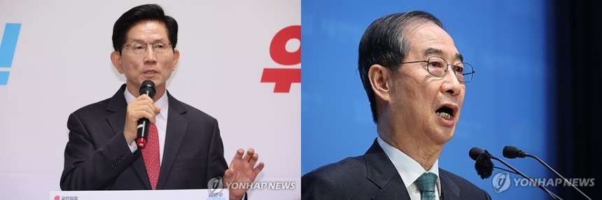 김문수 국민의힘 대선 후보와 대선 출마를 선언한 한덕수 전 국무총리. 연합뉴스