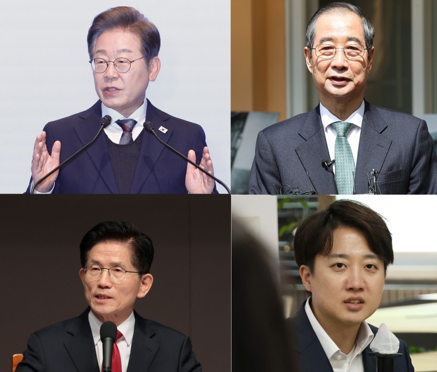 더불어민주당 이재명 대선 후보, 무소속 한덕수 예비후보, 개혁신당 이준석 후보, 국민의힘 김문수 후보(왼쪽 위 사진부터 시계방향). 연합뉴스