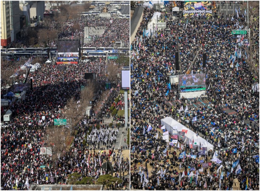 지난 3월 15일 광화문 광장에서 대한민국바로세우기운동본부가 주최한 '윤석열 대통령 탄핵 반대 집회'가 열리고 있다.오른쪽 사진은 같은 날 경복궁 일대에서 '윤석열 즉각 퇴진·사회대개혁 15차 범시민대행진'이 열리