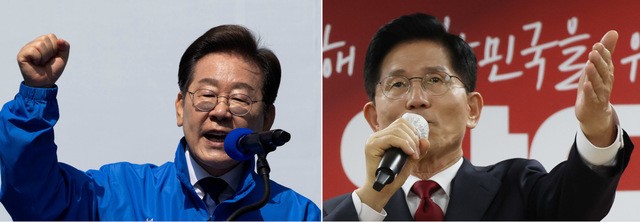 이재명 민주당 대통령 후보가 12일 오전 서울 광화문 청계광장에서 열린 '빛의 혁명' 대선 출정식에서 연설을 하고 있다. 오른쪽 사진은 김문수 국민의힘 대선 후보가 12일 대전 동구 대전시당사에서 열린 충청권 선거대