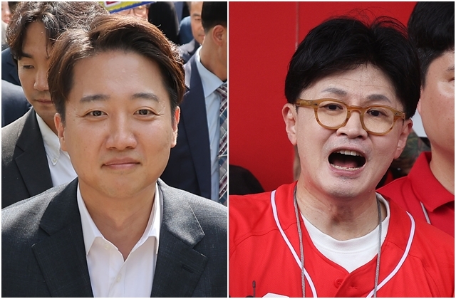 21일 성남의료원을 찾은 이준석 개혁신당 대선 후보. 오른쪽 사진은 이날 대구 서문시장에서 김문수 국민의힘 후보 지원 유세를 펼친 한동훈 전 대표. 연합뉴스