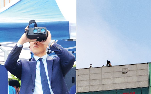 쌍안경으로 주변 건물을 살펴보는 경찰 모습. 오른쪽 사진은 파주 유세장 인근 옥상에서 드론탐지기를 운용 중인 경찰 모습. 파주=김승연 기자
