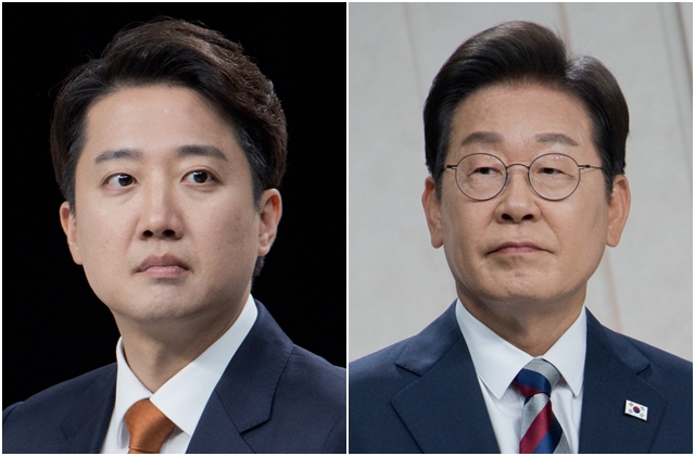 27일 대통령 후보 TV토론회에 나선 이준석 개혁신당 대선 후보(왼쪽 사진)와 이재명 더불어민주당 후보. 국회사진기자단