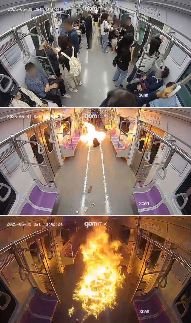 지난달 31일 발생한 서울 지하철 5호선 방화 사건 당시 지하철 내부 CCTV 영상에 잡힌 장면. 원모(67)씨가 객실 바닥에 휘발유를 뿌리고 라이터로 불을 붙이고 있다(맨 위). 불길이 단 2초 만에 번지고 있다(