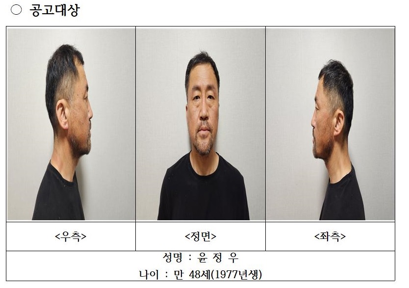 대구경찰청이 공개한 윤정우 신상정보. 대구경찰청 제공