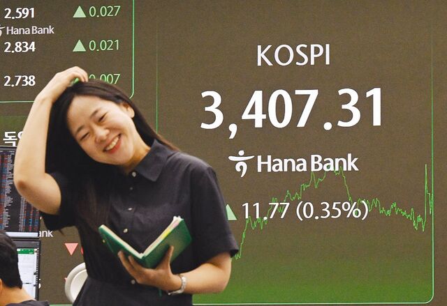 15일 서울 중구 하나은행 본점 딜링룸에 코스피 종가가 표시돼 있다. 이날 코스피는 전 거래일 대비 0.35%(11.77포인트) 오른 3407.31로 장을 마감해 4거래일 연속 사상 최고치를 경신했다. 최현규 기자