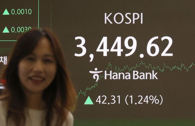 16일 서울 중구 하나은행 딜링룸에 코스피 종가가 표시돼 있다. 이날 코스피는 전날보다 1.24%(42.31포인트) 오른 3449.62에 장을 마감해 5거래일 연속 사상 최고치를 경신했다. 반면 코스닥은 전날보다 0