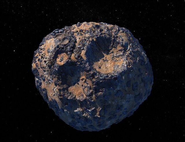 미국 항공우주국(NASA)이 2023년 발사한 우주탐사선‘프시케’의 목적지인 소행성‘16 프시케’일러스트.이 행성은 철·니켈·금 등 고가의 광물로 뒤덮여 있는 것으로 추정된다.NASA가 추산한 16 프시케의