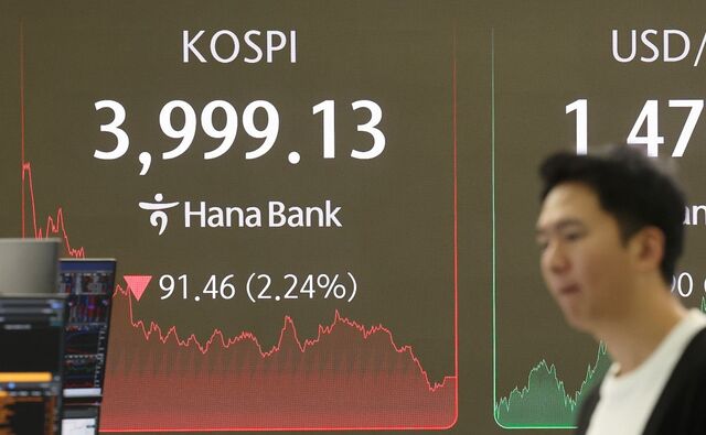 인공지능(AI) 산업 거품 우려와 미국 경제지표 발표를 앞둔 경계심리에 더해 중국 경기둔화 우려까지 겹치면서 코스피가 장중 4,000선 아래로 내려간 16일 서울 중구 하나은행 딜링룸 현황판에 코스피 지수 등이 표시