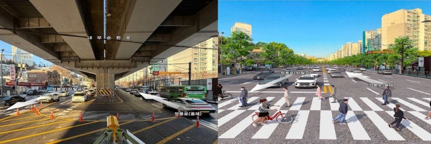 고가도로 지하화 시행 전(왼쪽)과 후 정릉입구교차로 모습.서울시 제공