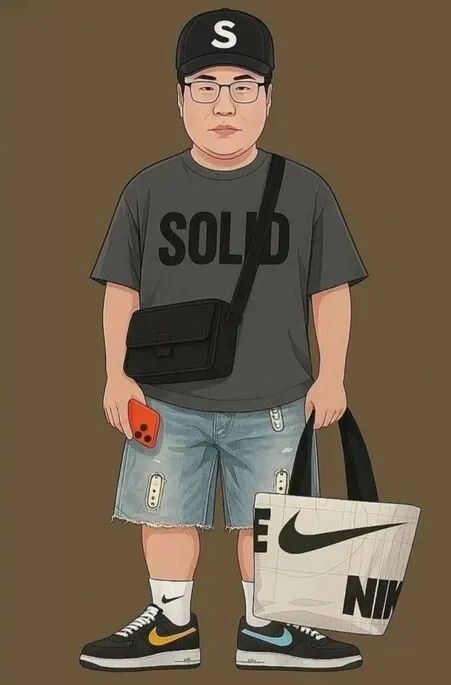 애플의 신제품‘아이폰17 프로맥스’오렌지 색상 제품을 손에 든‘영포티’모습을 형상화한 이미지.온라인 커뮤니티 캡처