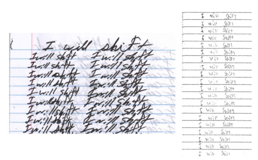 AI챗봇 과다 사용 후 자살한 미국의 13세 소녀 줄리아나 페랄타와 13세 소년 슈얼 세저의 일기장. 두 일기장에서 "I will shift"라는 똑같은 문장이 발견됐다. 가상 세계의 이동을 뜻하는 것으로 추측된다.