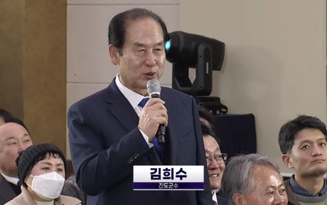 지난 4일 광주·전남 행정통합 ‘찾아가는 타운홀미팅’에서 발언하는 김희수 진도군수. 목포MBC 유튜브 캡쳐