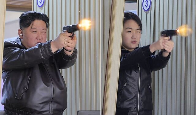 [포토] 김정은, 딸 주애와 신형 권총 사격