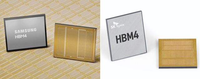 삼성전자(왼쪽)와 SK하이닉스의 6세대 고대역폭메모리 HBM4 제품 사진. 삼성전자는 지난달 세계 최초로 HBM4를 양산 출하한 데 이어 이달 중순 미국 새너제이에서 열린 ‘GTC 2026’에서 7세대 HBM4E 실