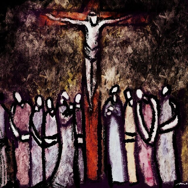 책 ‘십자가에 달린 예수는 낯선 이가 아니다’에 실린 삽화. 거친 질감으로 표현된 군중과 십자가 위 예수의 모습이 형상화돼 있다. 표정 없는 군중의 얼굴에서는 낯선 십자가를 바라보