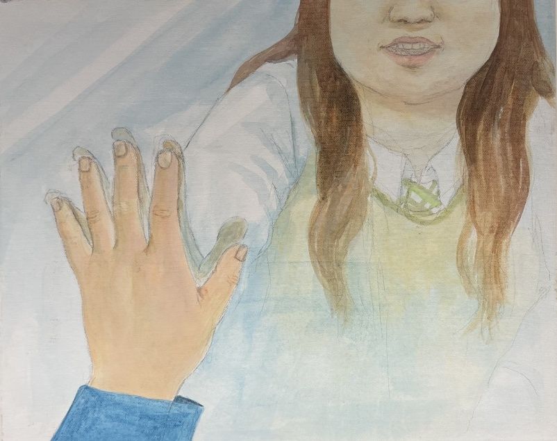 서울 영등포구 세움 사옥에서 열리는 김유나 작가 초대전‘아빠에게 가는 여정’에 전시된 지민정(가명)씨의 작품‘맞닿은 손.수용자 자녀 시절 겪었던 경험을 토대로 그렸다.세움 제공