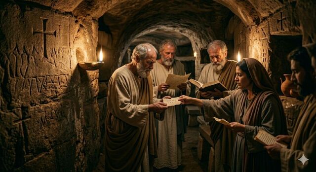 로마 카타콤 박해 속에서 초대교회 성도들이 말씀을 읽는 모습을 형상화한 이미지다.   제미나이