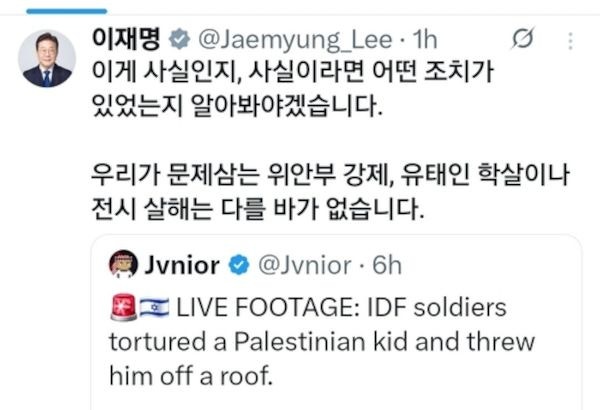 李, 2년 전 ‘이스라엘군 잔혹 영상’ 공유에… 野 “외교 리스크”