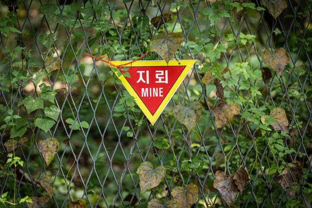 30일 경기도 연천군 서부전선 비무장지대(DMZ) 민간인통제선 지역에 지뢰 경고 표지판이 설치되어 있다. 연합뉴스