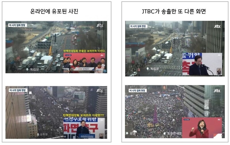 ▲JTBC廣播屏幕(左)和JTBC的其他廣播屏幕(右)。彈力集會的場景用於Lee Jae -Myung的演講背景。