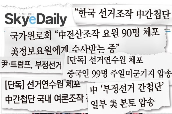 ▲ 스카이데일리의 중국간첩 체포설 기사 제목 모음.디자인=안혜나 기자.