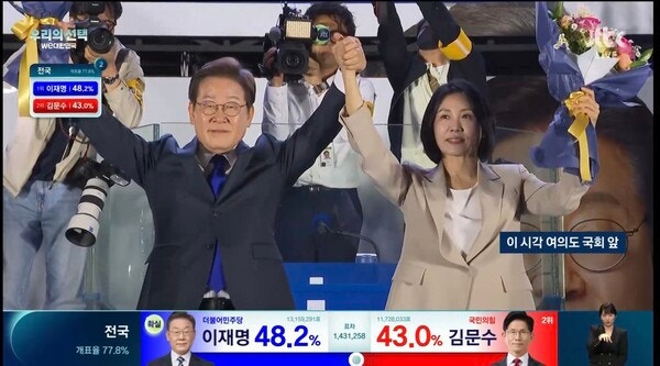 ▲이재명 더불어민주당 대선후보가 4일 새벽 여의도 국회 앞에서 사실상 당선 인사에 나선 모습. 사진=JTBC 보도화면 갈무리.