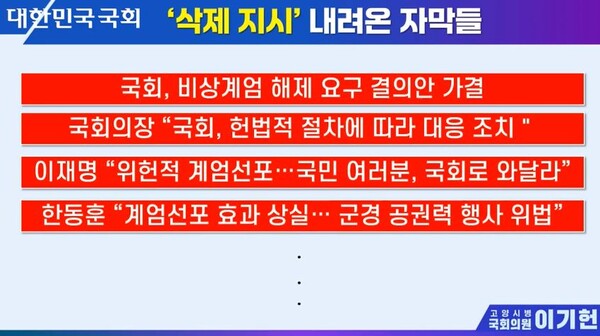 ▲KTV 측이 12월3일 윤석열 대통령의 내란사태 당일 자막담당자에게 삭제를 지시한 자막들. 이기헌의원실 제공  