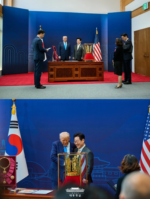 ▲ 지난달 29일 경주에서 열린 한미 정상회담 당시 두 정상의 사진. 위 사진은 백악관 제공, 아래 사진은 대통령실 제공