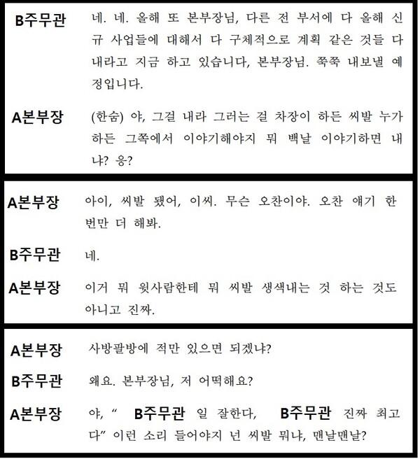 ▲지난 1월5일 A본부장과 B주무관의 통화 녹취록 중 일부.