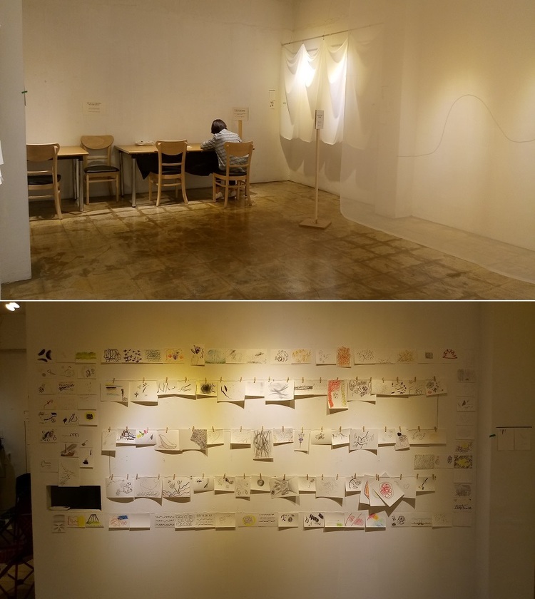 2019년 5월 23일부터 5월 30일까지 대안공간 무국적에서 열었던 개인전 〈깨어나요,<BR> 비너스!〉에서, 촉각 드로잉 중인 전시 참여자(위)와 참여자들의 드로잉(아래). (제공-이충열) &#160; &#160;